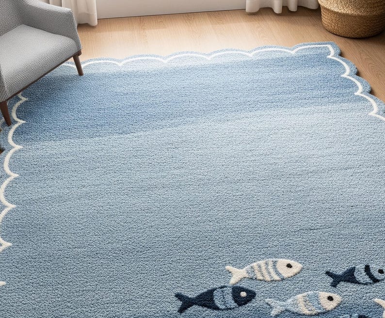 Aquatic Rug Hand-tufted Wool Area Rug, Scalloped Fish Design, Nursery Decor - Etsy