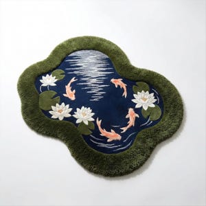 May include: A decorative rug shaped like a pond, featuring a dark blue center with embroidered koi fish and water lilies. The rug has a green border and is designed to resemble a natural pond scene. The rug is a unique home decor item.