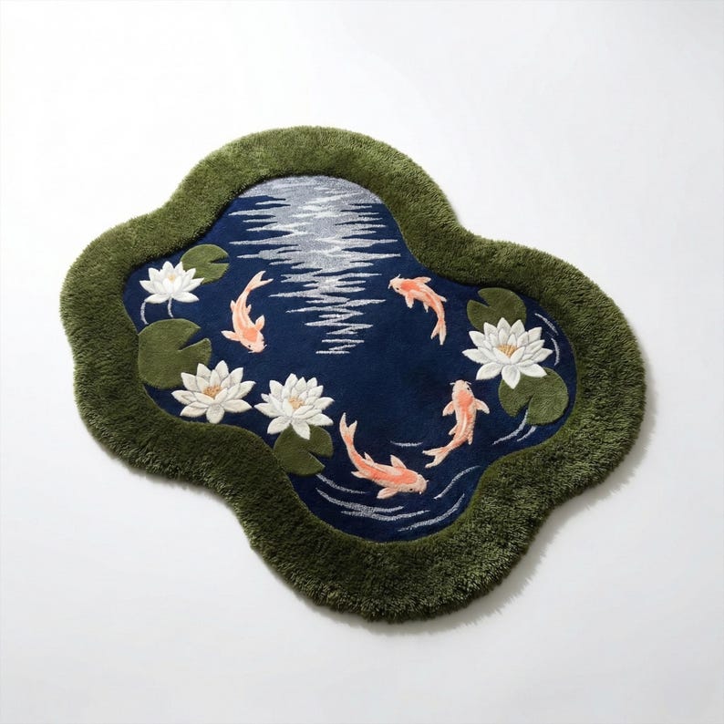 May include: A decorative rug shaped like a pond, featuring a dark blue center with embroidered koi fish and water lilies. The rug has a green border and is designed to resemble a natural pond scene. The rug is a unique home decor item.