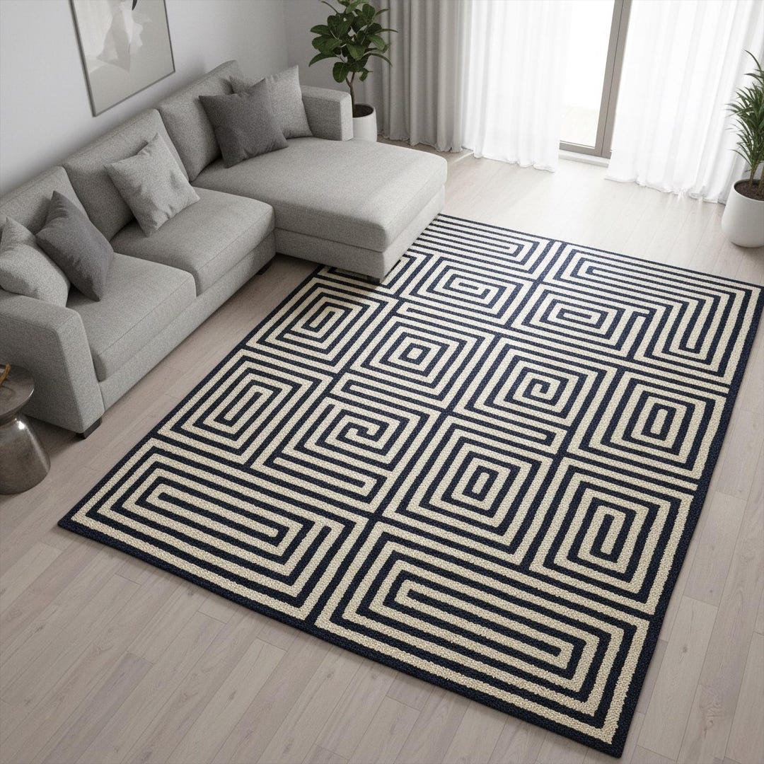 Black off White Geometric Maze Hand Tufted Rug, Modern 3d Illusion Wool ...