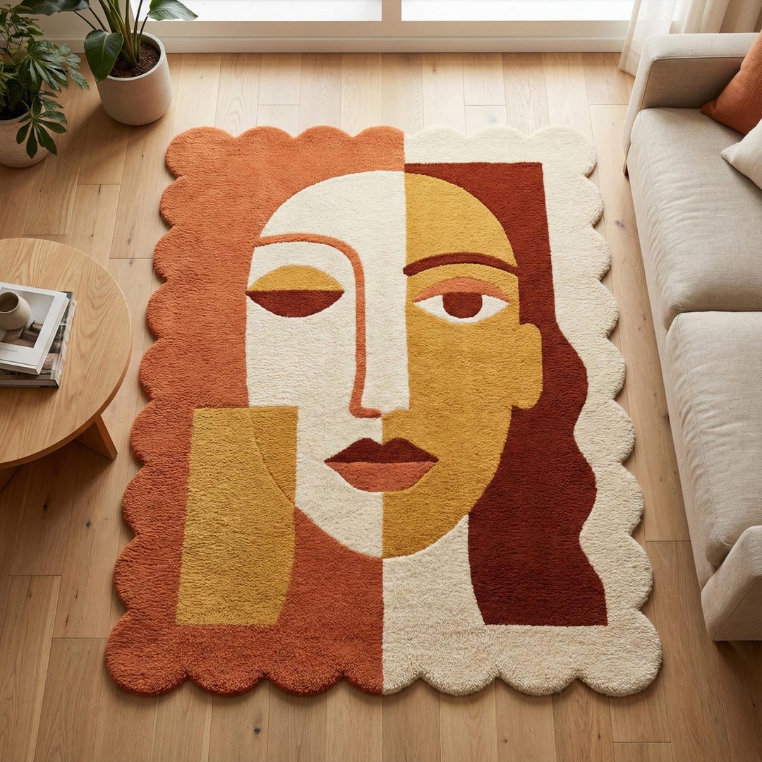 Simplistic Face Rug Abstract Face Hand Tufted Wool Rug, Modern Colorful Scalloped Area Rugs ...