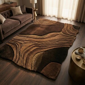 May include: A large, rectangular area rug with a layered, abstract design in shades of brown, tan, and black. The rug's pattern resembles contoured lines, creating a textured appearance. The rug is placed on a dark wood floor.