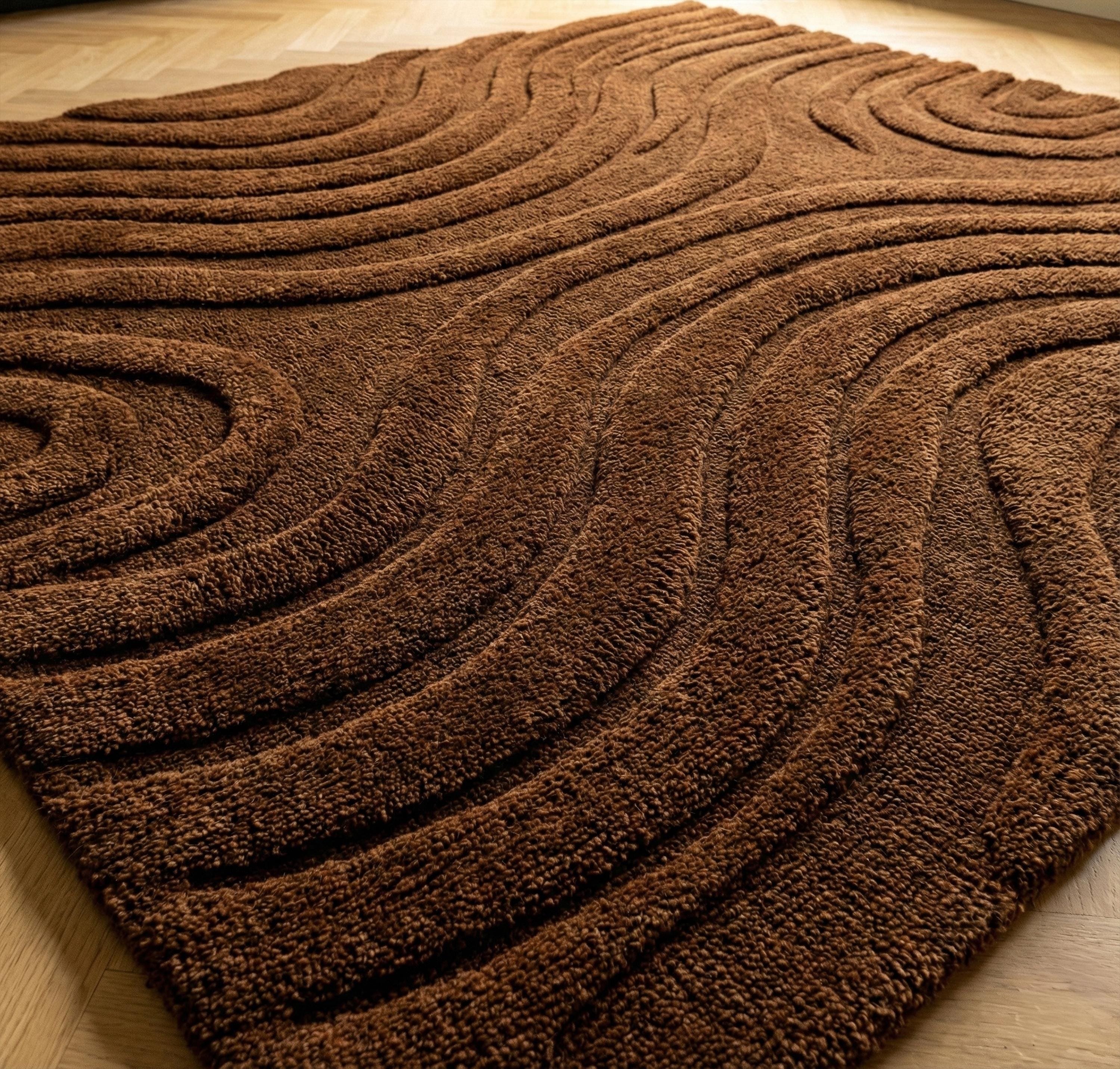 Wavy Long Rug Deep Brown Wavy Wool Rug, Abstract Hand Tufted High Low Texture Bedroom ...