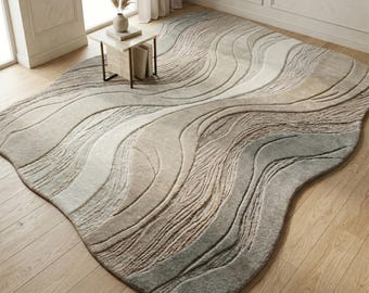 Beige Grey Abstract Wool Rug, Irregular Hand Tufted Wavy Area Rugs