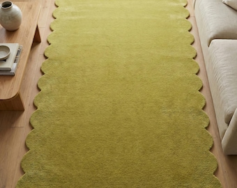 Olive Green Scalloped Rug, Solid Hand Tufted Wool Area Rugs for Living Room