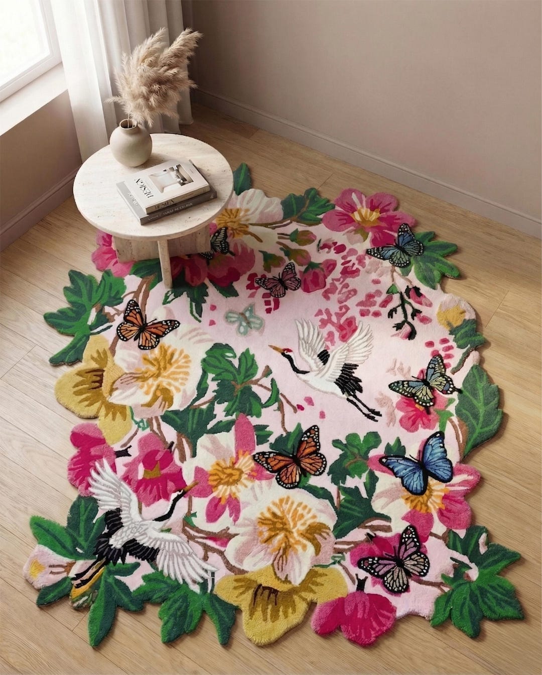 Colorful Floral Wool Rug, 3D Hand Tufted Crane Butterfly Nature Rug - Etsy