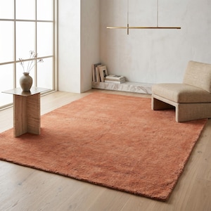 May include: A large, rectangular area rug in a solid terracotta orange colour with a dense, plush, and textured pile surface. The rug is positioned on a light-coloured wooden floor, extending from the foreground towards the centre of the room.