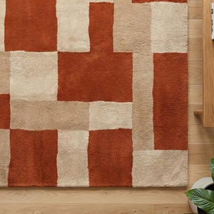 Bränd orange beige modern geometrisk matta, handtuftad vardagsrumsmatta i ull från mitten av århundradet bild 5