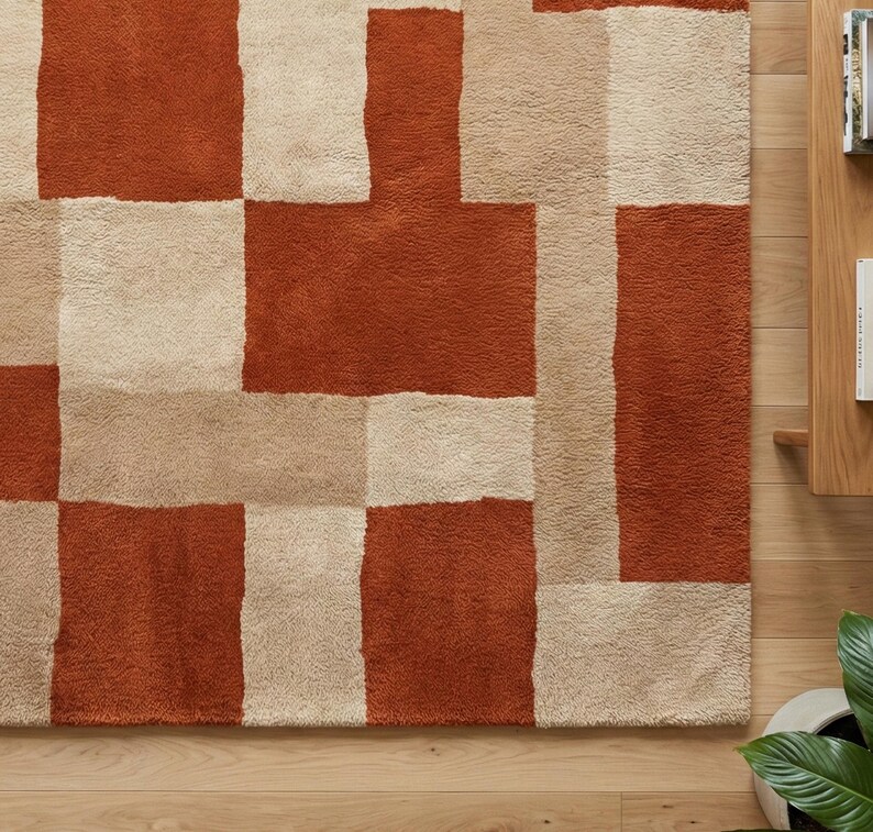 Bränd orange beige modern geometrisk matta, handtuftad vardagsrumsmatta i ull från mitten av århundradet bild 5