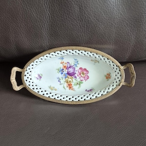 Piatto per dolciumi vintage Schumann con cornice dorata e bordo traforato – Piatto per dolciumi in porcellana bavarese tedesca in metallo dorato