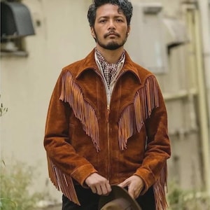 Handmade Men’s Brown Suede Cowboy Jacket, Vintage Leather Coat,Gift for Him,Fringer jacket