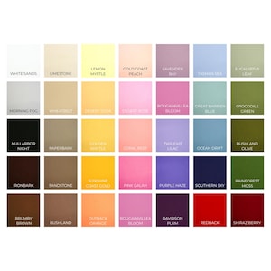 May include: A colour palette displaying 30 solid colour swatches. The colours vary from white and beige to black, brown, and various shades of green, blue, pink, purple, and red. Each colour is labelled with a descriptive name.