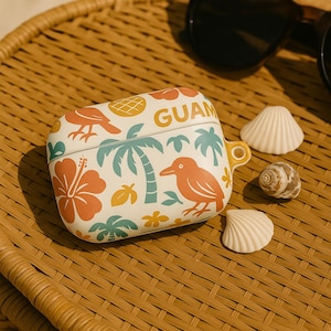 Guam AirPods Pro Case Cover with Island Design, Tropical Guam Gift, Glossy Shell with Carabiner, Qi Charging Compatible