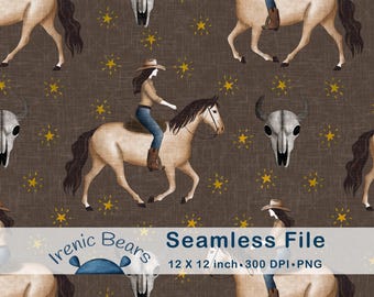 Cowgirl auf Pferd mit Stierschädeln und goldenen Sternen auf rustikalem braun (Nahtloses Muster 300 DPI PNG Download) für Western Americana Decor