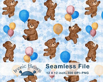 Teddybär Ballon Party Seamless Muster: Kinderzimmer Deko (PNG Download)