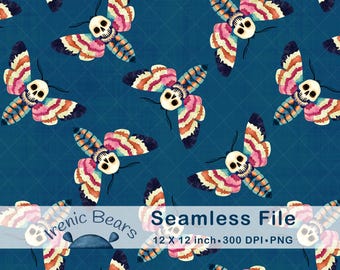 Halloween Totenkopf Motte Muster, Teal Whimsigoth Tile (PNG Download)