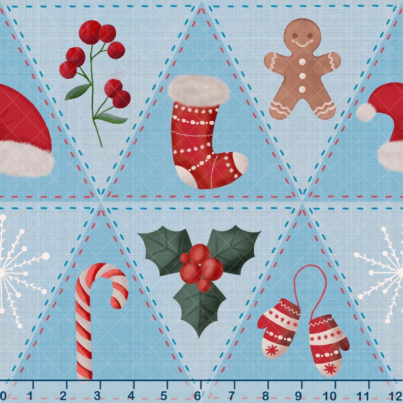 May include: A Christmas-themed pattern with a light blue backdrop, showcasing festive red, white, and green elements. It features a gingerbread man, stocking, mittens, holly, candy cane, and berries, arranged in a geometric design. The pattern is suitable for festive projects.