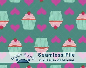 Erdbeer Cupcake Muster, Hintergrund mit blaugrünen Herzen (Nahtloser PNG Download)