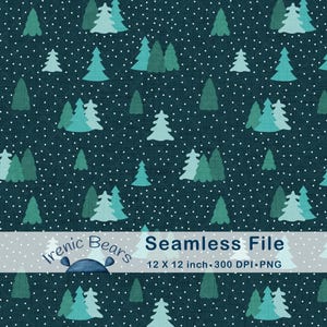 Könnte beinhalten: Nahtlose Datei mit einem sich wiederholenden Muster aus stilisierten immergrünen Bäumen in Türkis- und Grüntönen, vor einem dunkel türkisfarbenen Hintergrund mit weißen Punkten. Der Text "Seamless File" wird angezeigt.