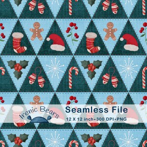 May include: A seamless Christmas-themed pattern featuring a patchwork design with teal and light blue triangles. The pattern includes festive elements like candy canes, gingerbread men, Santa hats, holly, snowflakes, and mittens. The text "Seamless File" is also present.