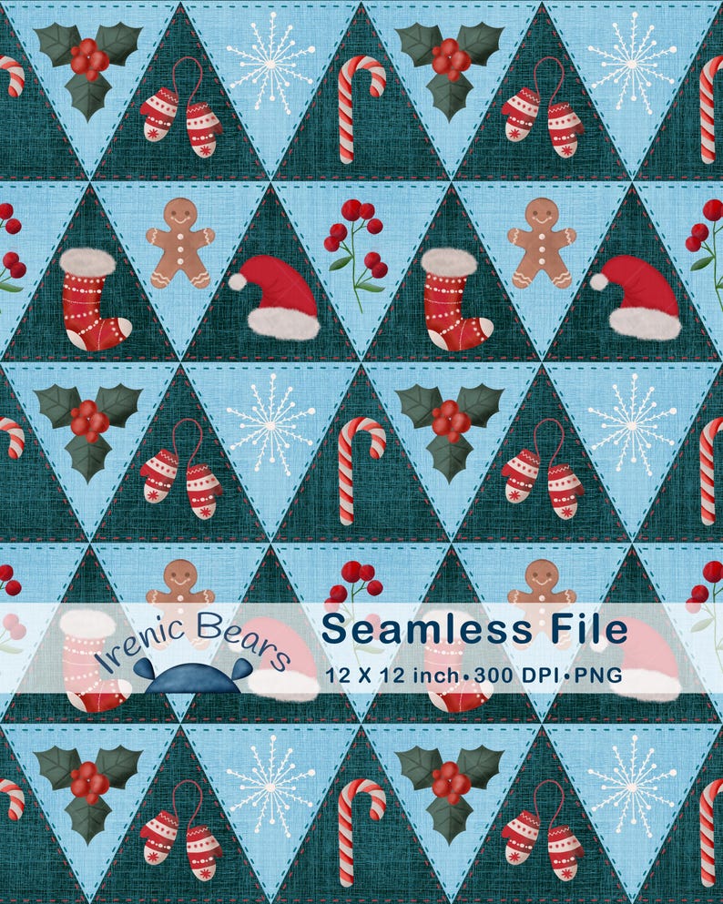 Puede incluir: Un patr&oacute;n navide&ntilde;o sin costuras con un dise&ntilde;o de patchwork de tri&aacute;ngulos verde azulado y azul claro. El patr&oacute;n incluye elementos festivos como bastones de caramelo, hombres de jengibre, gorros de Pap&aacute; Noel, acebo, copos de nieve y mitones. El texto "Seamless File" tambi&eacute;n est&aacute; presente.
