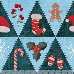 Puede incluir: Un patr&oacute;n festivo con tem&aacute;tica navide&ntilde;a que presenta varios elementos navide&ntilde;os. El dise&ntilde;o incluye bayas rojas, un calcet&iacute;n, un hombre de jengibre, un bast&oacute;n de caramelo, acebo y mitones. El fondo es un mosaico de tri&aacute;ngulos azules y verdes.