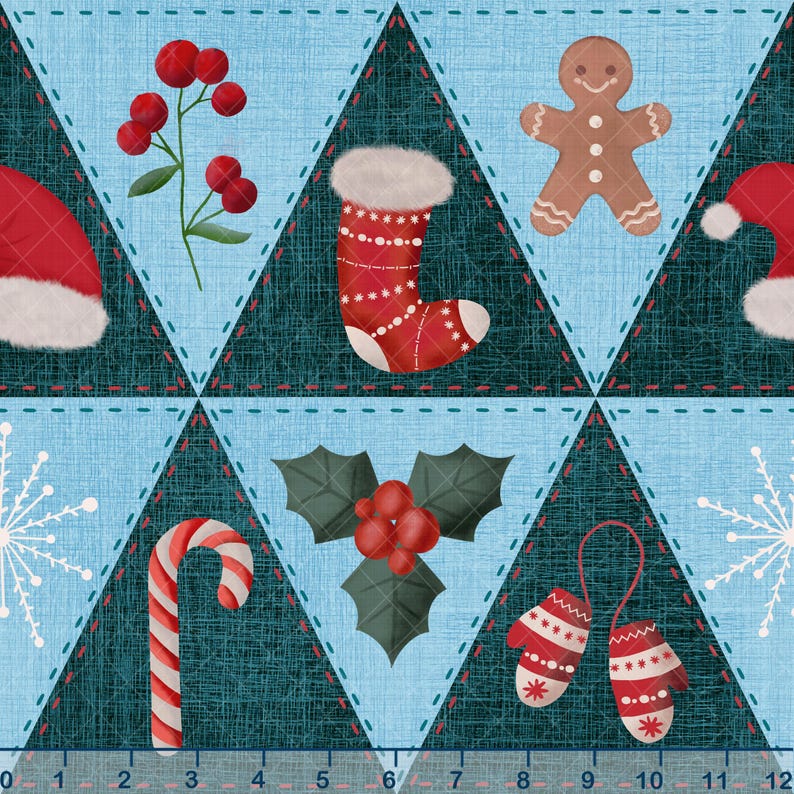 Puede incluir: Un patr&oacute;n festivo con tem&aacute;tica navide&ntilde;a que presenta varios elementos navide&ntilde;os. El dise&ntilde;o incluye bayas rojas, un calcet&iacute;n, un hombre de jengibre, un bast&oacute;n de caramelo, acebo y mitones. El fondo es un mosaico de tri&aacute;ngulos azules y verdes.