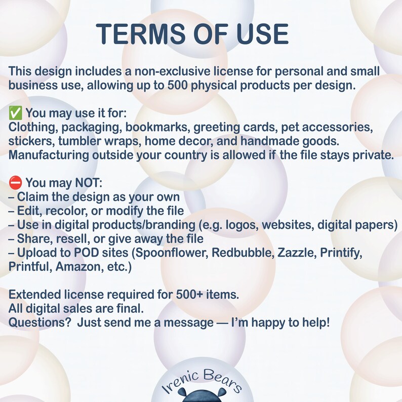 Puede incluir: Documento de T&eacute;rminos de Uso con texto sobre un fondo claro. El texto detalla una licencia no exclusiva para uso personal y de peque&ntilde;as empresas, permitiendo hasta 500 productos f&iacute;sicos por dise&ntilde;o. Incluye una lista de usos permitidos y prohibidos.