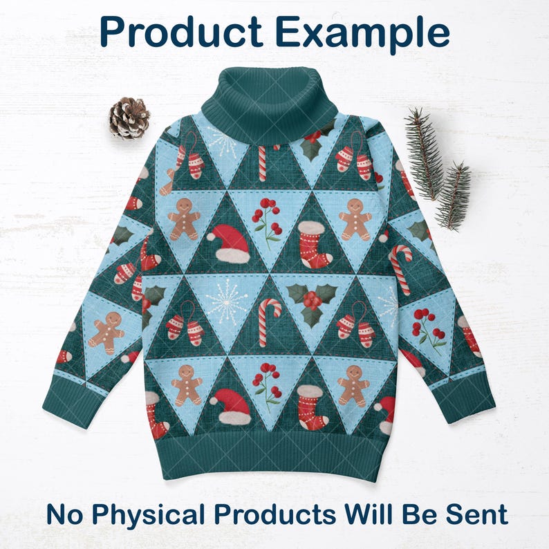 Puede incluir: Un jersey de cuello alto color turquesa con un patr&oacute;n repetido de im&aacute;genes navide&ntilde;as, incluyendo hombres de jengibre, gorros de Pap&aacute; Noel y bastones de caramelo. El texto "Product Example" est&aacute; en la parte superior y "No Physical Products Will Be Sent" en la inferior.