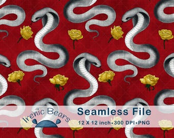 Graue Schlangen und goldene Rosen auf rotem Grund (Nahtloses Muster, 300 DPI PNG Download)