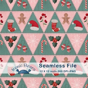 Peut inclure: Motif de Noël sans couture avec des formes triangulaires répétées. Le motif comprend des éléments festifs tels que des cannes en bonbon, des mitaines, des bonhommes en pain d'épices, du houx, des flocons de neige et des bonnets de Père Noël.