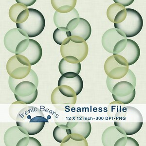 May include: Seamless digital file featuring a repeating pattern of overlapping circles in shades of green, olive, and gray. The design includes the text "Seamless File" and dimensions of 12 x 12 inches.