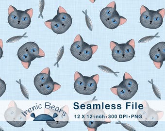 Verspielte Graue Katzen und Fische auf Hellblau (Seamless Pattern 300 DPI PNG Download) für Kinderzimmer und Tierliebhaber