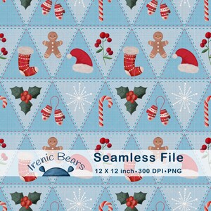 May include: Seamless Christmas-themed pattern on a light blue background. The design features repeating elements like red mittens, gingerbread men, Santa hats, holly, candy canes, and snowflakes. The text "Seamless File" is also present.