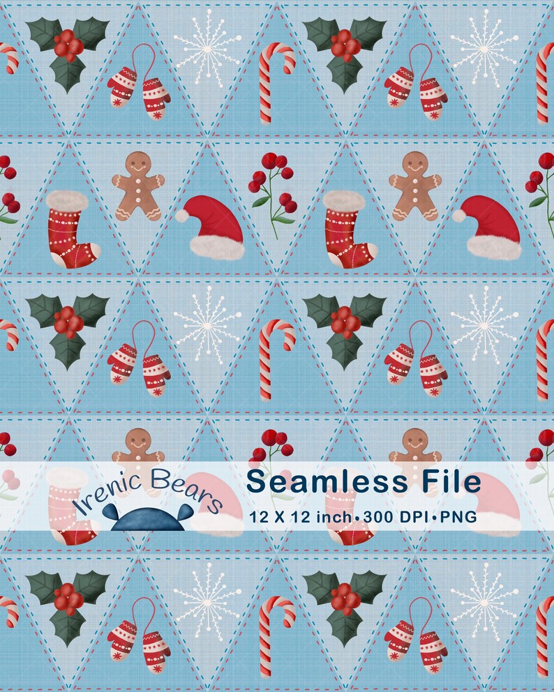 May include: A seamless Christmas pattern in light blue, featuring festive motifs. The design includes red mittens, gingerbread men, Santa hats, holly, candy canes, and snowflakes. The text "Seamless File" is visible.