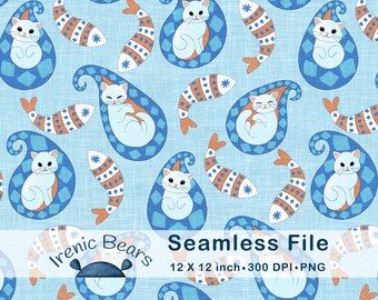 Paisley Katzen und Fische in Blau und Terrakotta (Nahtloses Muster 300 DPI PNG Download) für Kinderzimmer und skurrile Dekorationen