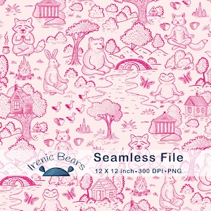 May include: A pink and white seamless pattern featuring woodland animals meditating in a serene landscape. The design includes houses, trees, bridges, and the text "Seamless File" with dimensions 30.48 x 30.48 cm.