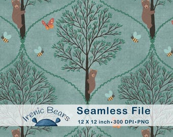 Bären klettern auf Bäume im Wald, tannengrün (Seamless Pattern 300 DPI PNG Download)