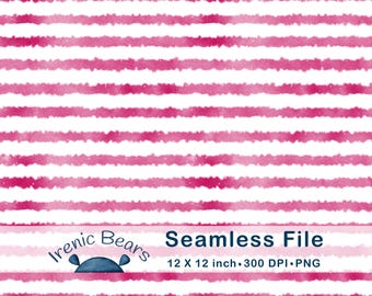 Könnte beinhalten: Nahtlose Datei mit einem Aquarelldesign aus horizontalen rosa Streifen auf weißem Hintergrund. Die Datei misst 30,48 x 30,48 cm und hat 300 DPI. Der Text "Irenic Bears" und "Seamless File" sind ebenfalls enthalten.