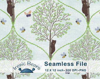 Bären klettern auf Bäume im Wald, Salbei (Seamless Pattern 300 DPI PNG Download)