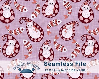 Paisley Katzen und Fische in Altrosa und Bordeauxrot (Nahtloses Muster 300 DPI PNG Download) für Kinderzimmer und skurrile Dekorationen