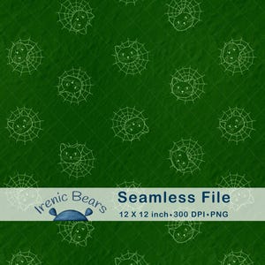 May include: Seamless file with a repeating pattern of white cat faces in spiderwebs on a textured green background. The text "Seamless File" and "12 x 12 inch" are also visible. The design is by Irenic Bears.