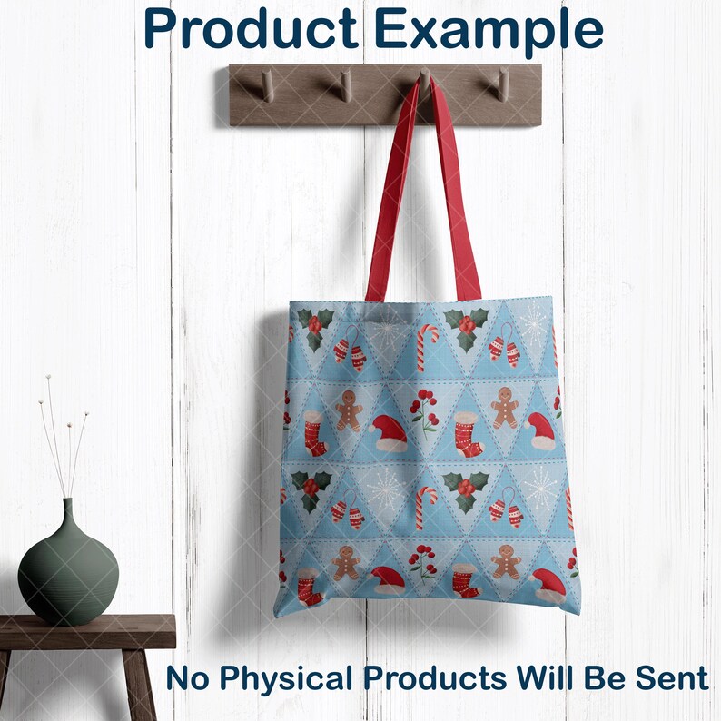 May include: A light blue tote bag featuring a festive Christmas pattern with gingerbread men, Santa hats, stockings, and candy canes. It has red handles and the text "Product Example" and "No Physical Products Will Be Sent".