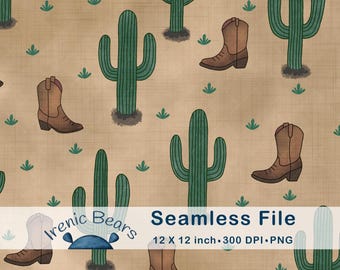 Cowboy Stiefel und Kakteen auf rustikalem braunen Leinen Textur (Nahtloses Muster 300 DPI PNG Download) für Western Dekore
