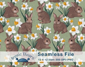 Osterhasen und Osterglocken in Braun auf Sage Grün (Nahtloses Muster 300 DPI PNG Download) für den Kindergarten und zum Basteln