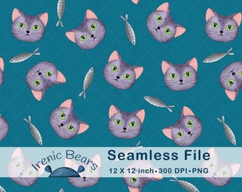 Verspielte Lila Katzen und Fische auf Türkis (Seamless Pattern 300 DPI PNG Download) für Kinderzimmer und Tierliebhaber