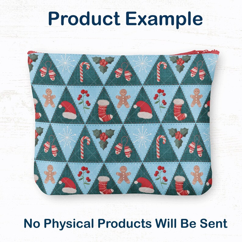 Puede incluir: Una bolsa rectangular con un estampado navide&ntilde;o. El dise&ntilde;o presenta tri&aacute;ngulos turquesas con costuras, cada uno con iconos festivos como hombres de jengibre, bastones de caramelo y calcetines. El texto "Product Example" est&aacute; en la parte superior.