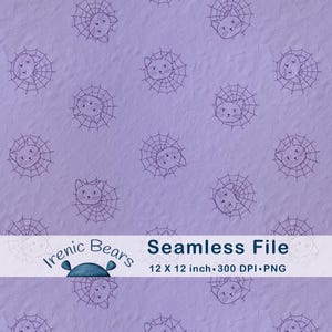 May include: Seamless file with a repeating pattern of cat faces in spiderwebs on a textured lavender background. The text "Seamless File" and "12 x 12 inch • 300 DPI • PNG" are also present.