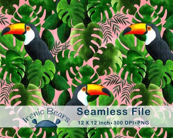 Tropische Dschungel Tukane und Monstera Blätter (Seamless Pattern 300 DPI PNG Download) für auffällige Dekoration und Kunsthandwerk