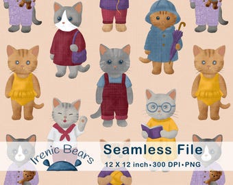 Süße Angezogene Katzen auf Leinen Textur (Nahtloses Muster 300 DPI PNG Download) für Kinder Dekor & skurrile Handarbeiten